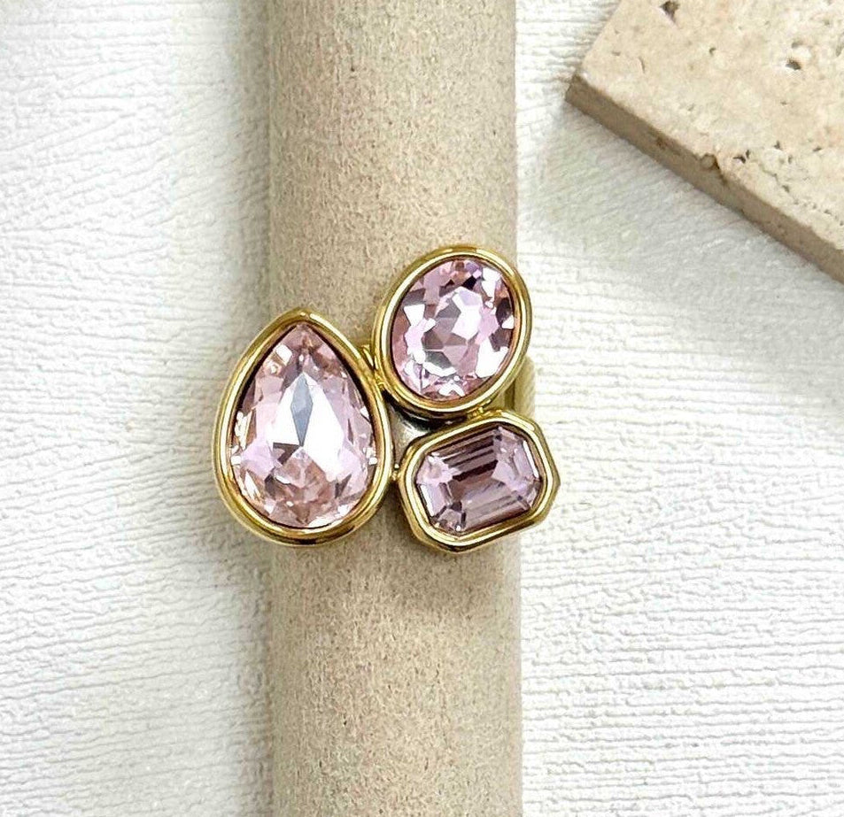 Bague Diane pierres roses – acier inoxydable doré réglable